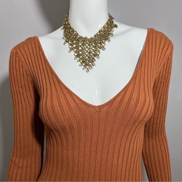 Hera Collection Off The Shoulder Ribbed Rust Midi Bodycon Dress - M - Picture 5 of 12